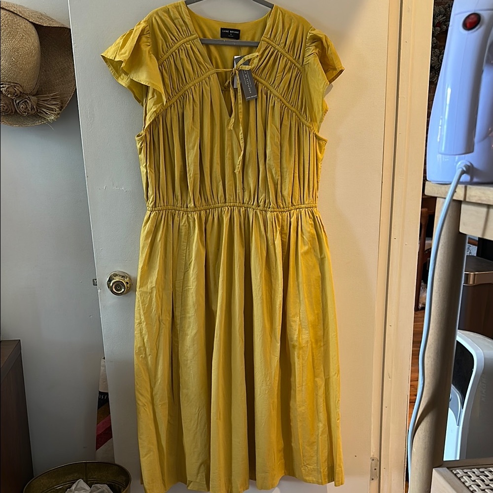 Line & Dot Yellow Ruched Tie Front Midi Dress
